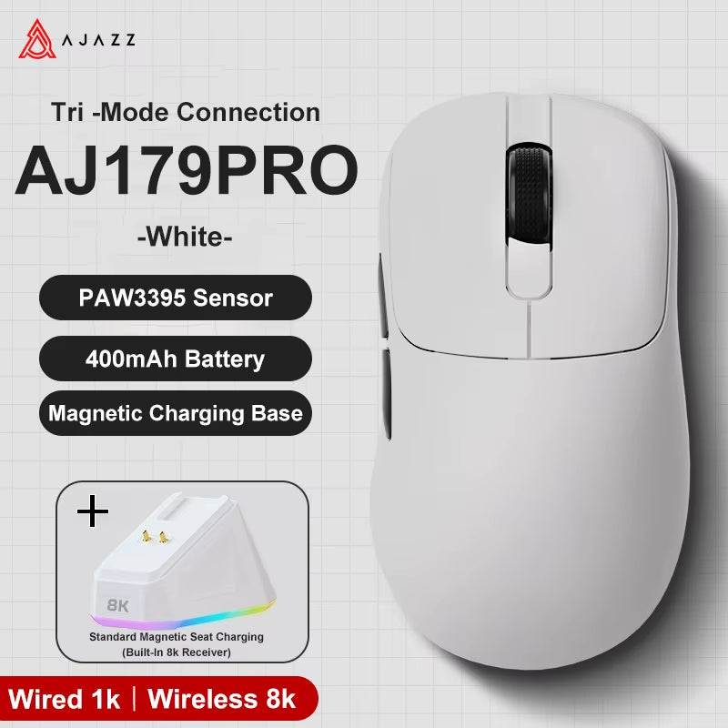 AJ179 PRO PAW3395 Lightweight Wired Wireless Mouse with Magnetic Charging Base Ergonomic Macro Gaming Mouse for PC Laptop
