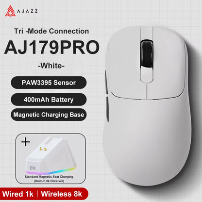 AJ179 PRO PAW3395 Lightweight Wired Wireless Mouse with Magnetic Charging Base Ergonomic Macro Gaming Mouse for PC Laptop