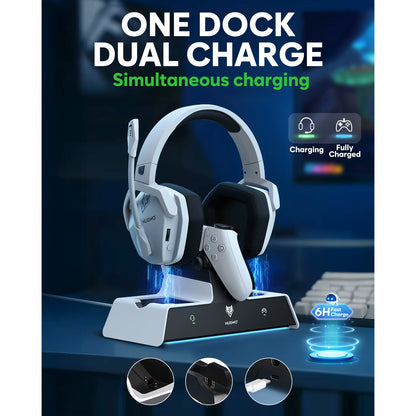 G06 Wireless Headsets Gamer with Charging Station for Headset and PS5 Controller Gaming Headphones Long Battery Life