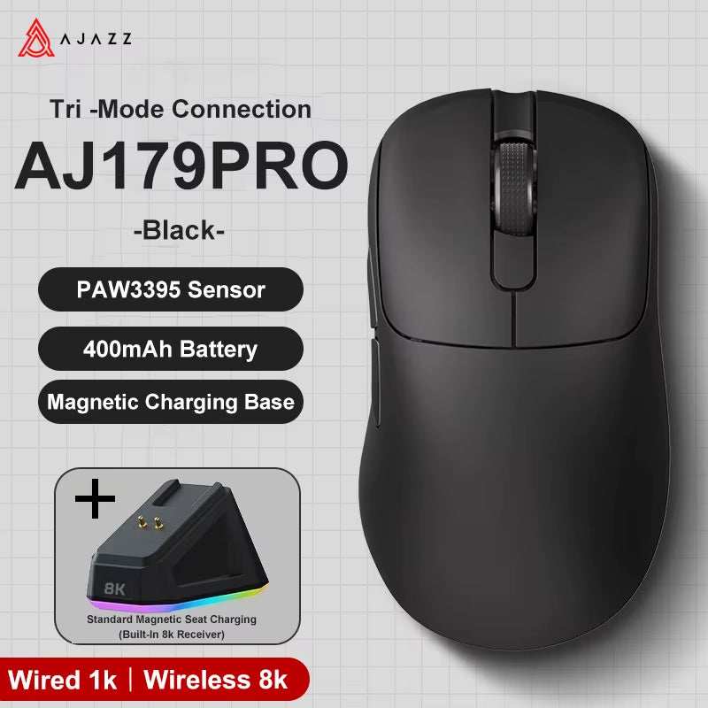 AJ179 PRO PAW3395 Lightweight Wired Wireless Mouse with Magnetic Charging Base Ergonomic Macro Gaming Mouse for PC Laptop