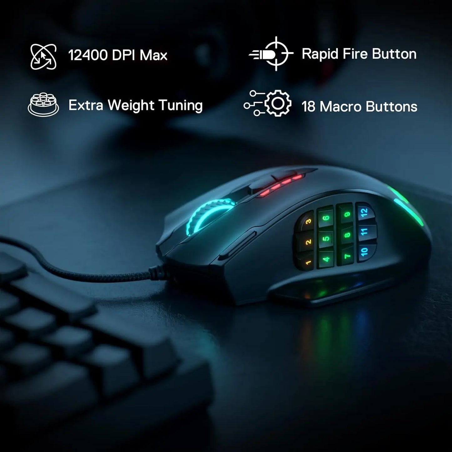 M908 RGB Backlight LED USB Wired Gaming Mouse 18 Programmable Mouse Buttons 12400 DPI