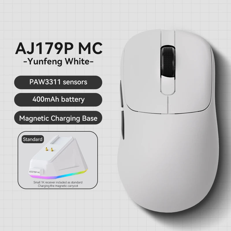 AJ179 PRO PAW3395 Lightweight Wired Wireless Mouse with Magnetic Charging Base Ergonomic Macro Gaming Mouse for PC Laptop