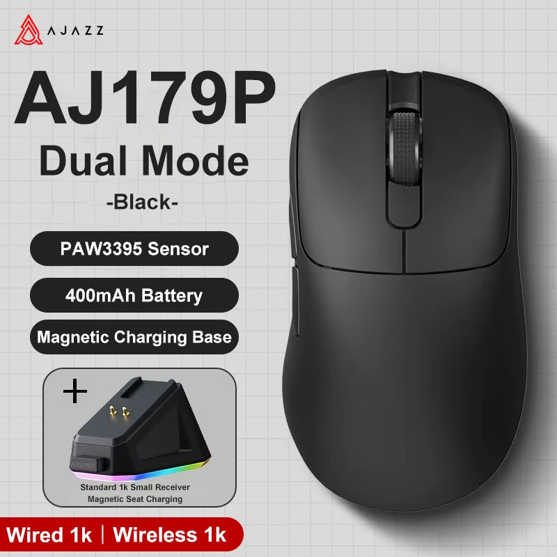 AJ179 PRO PAW3395 Lightweight Wired Wireless Mouse with Magnetic Charging Base Ergonomic Macro Gaming Mouse for PC Laptop