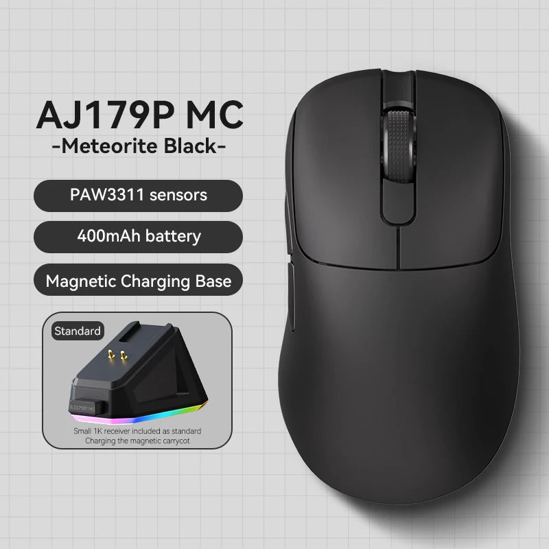 AJ179 PRO PAW3395 Lightweight Wired Wireless Mouse with Magnetic Charging Base Ergonomic Macro Gaming Mouse for PC Laptop