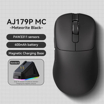 AJ179 PRO PAW3395 Lightweight Wired Wireless Mouse with Magnetic Charging Base Ergonomic Macro Gaming Mouse for PC Laptop