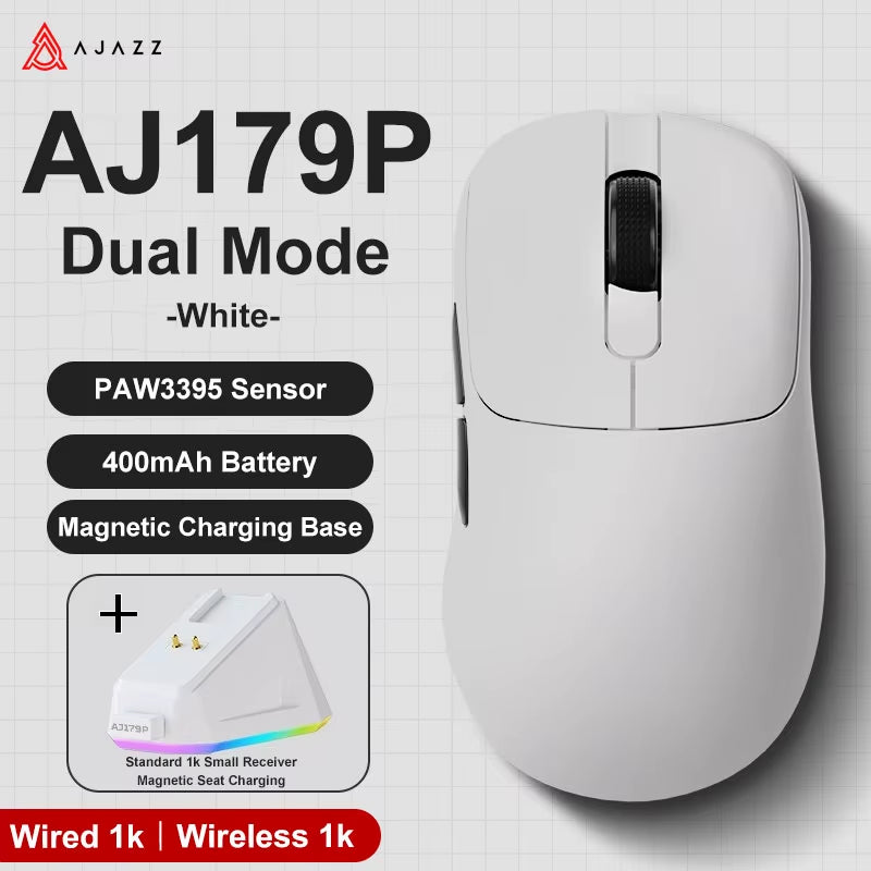 AJ179 PRO PAW3395 Lightweight Wired Wireless Mouse with Magnetic Charging Base Ergonomic Macro Gaming Mouse for PC Laptop